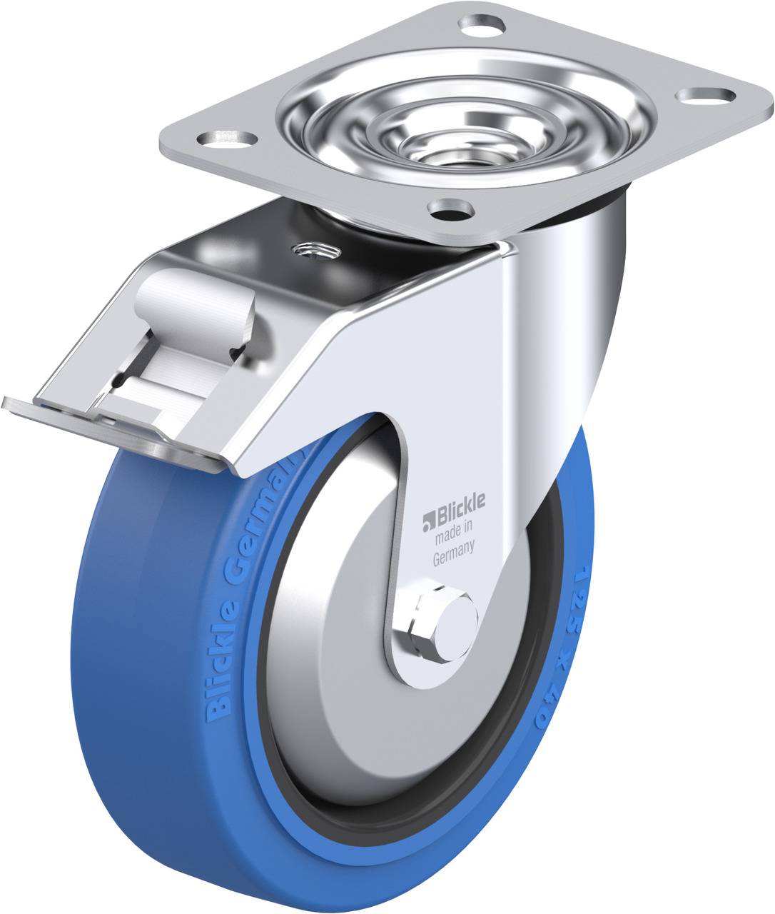 Industrie-Vollgummirad mit blauer Lauffläche und drehbarer Metallhalterung, geeignet für Schwerlastanwendungen in Gewerbe und Industrie.