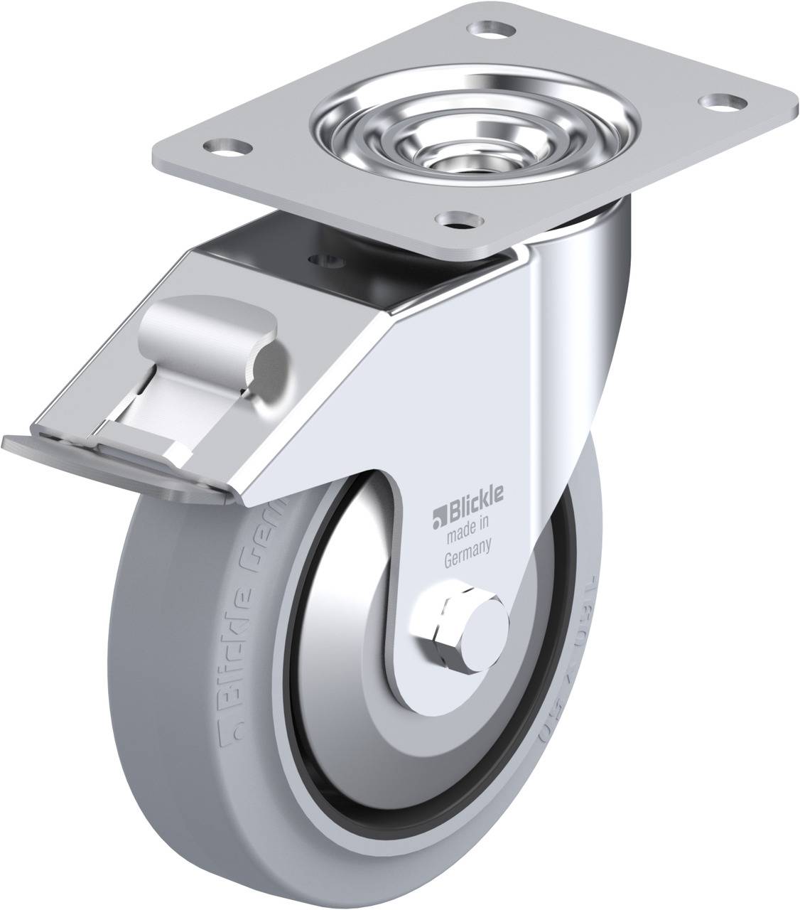 Eine einzelne, schwenkbare Rollenhalterung aus Metall mit einer grauen Gummiradabdeckung, geeignet für Möbel oder Geräte.