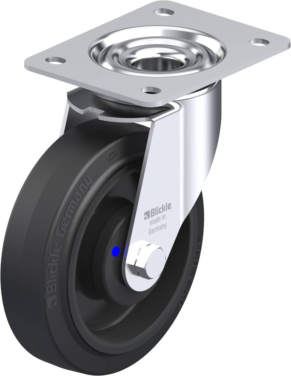 Schwenkrolle mit schwarzem Rad und silbernem Metallgehäuse, ideal für leichte bis mittelschwere Lasten auf ebenen Flächen.