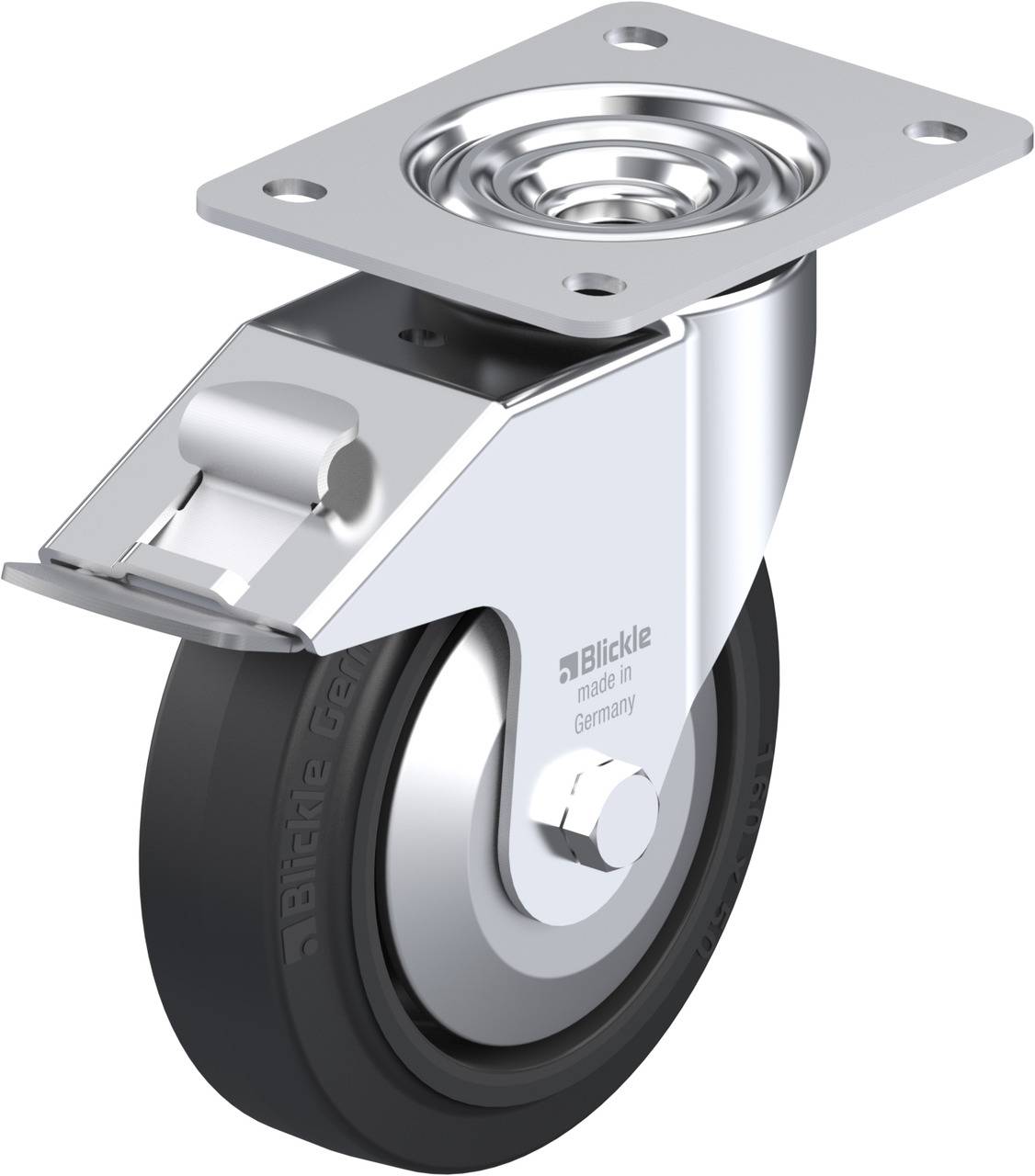 Drehbares Bockrolle mit schwarzem Rad und silbernem Metallgehäuse, hergestellt in Deutschland. Verwendet für bewegliche Möbel oder Geräte.