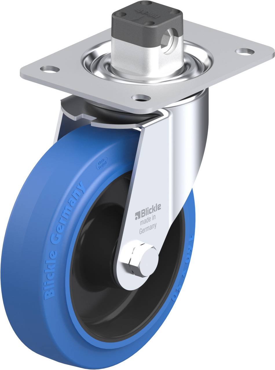 Industrie-Lenkrolle mit blauer Gummibereifung und silbernem Metallgehäuse, geeignet für schwere Lasten.