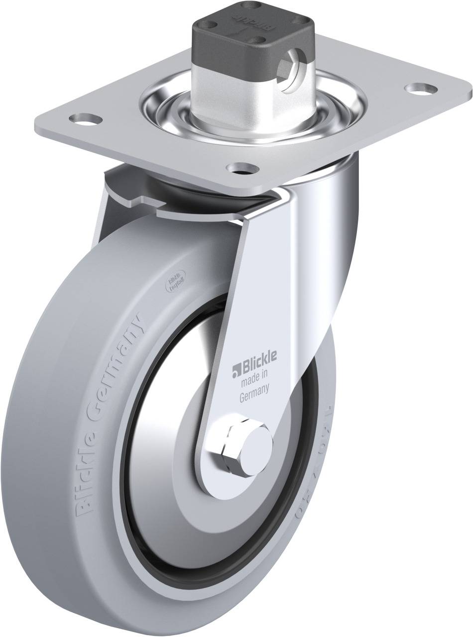 Ein graues, drehbares Laufrollenrad mit Metallplatte. Geeignet für Möbel- oder Gerätebewegung auf glatten Oberflächen.