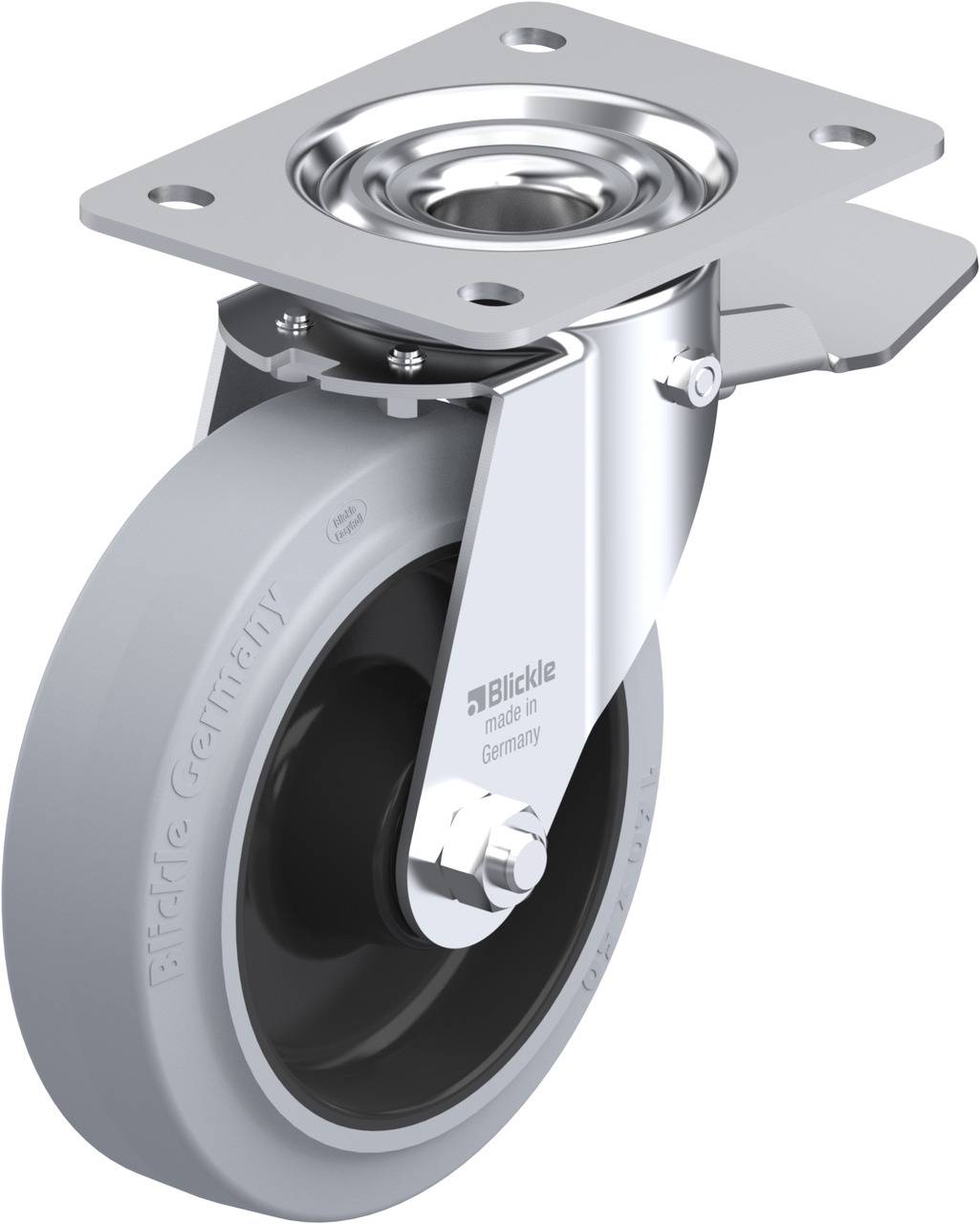 Industrie-Rolle aus Metall und Gummi, mit festem Befestigungsbeschlag und einer Aufschrift 'Blickle made in Germany'.