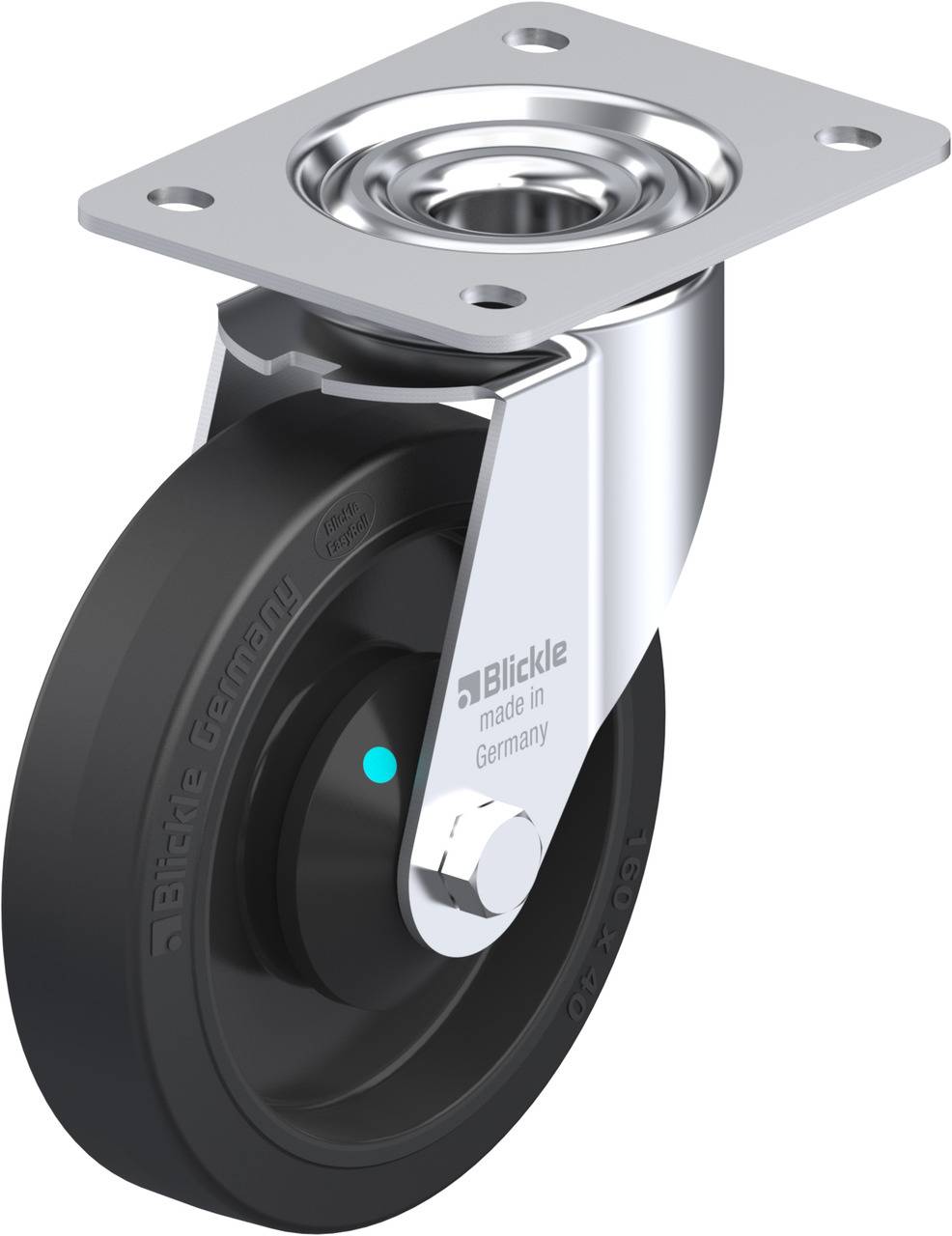 Graues Rollenrad mit Lenkgestell und schwarzer Lauffläche; Aufschrift 'Blickle made in Germany'.