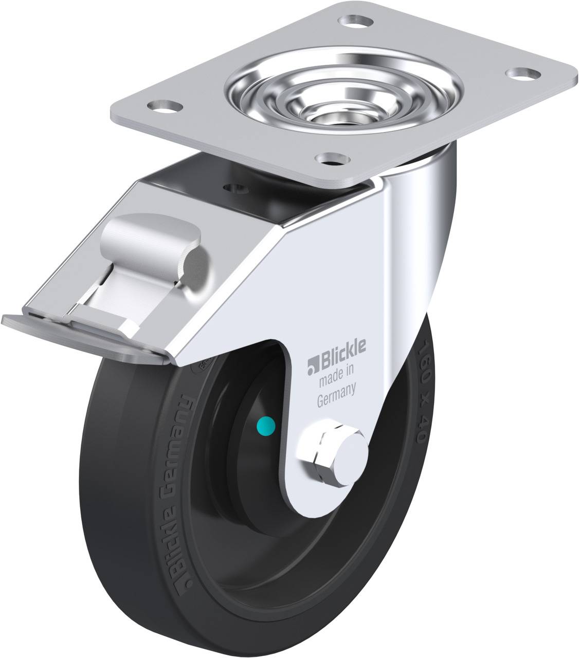 Rolle mit schwarzem Rad und silbernem Gehäuse, Aufschrift 'made in Germany' sichtbar. Verwendet für Möbel oder Transportwagen.