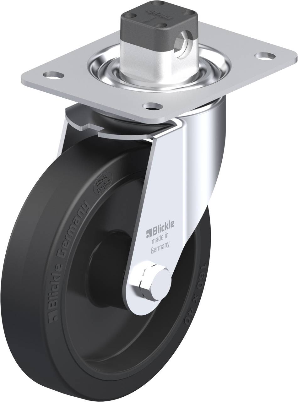 Schwenkrolle mit schwarzem Polyurethanrad und verzinktem Stahlgehäuse. Das Gehäuse hat eine Befestigungsplatte und einen zylindrischen Bolzen.