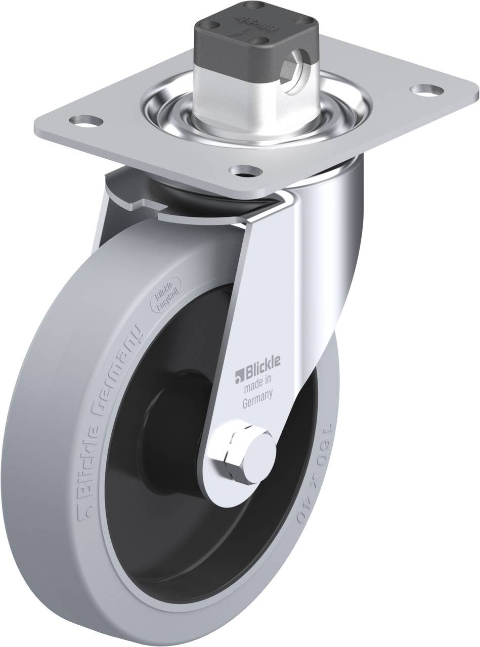 Graue Lenksrolle aus Metall und Kunststoff mit quadratischer Befestigungsplatte und drehbarem Mechanismus.