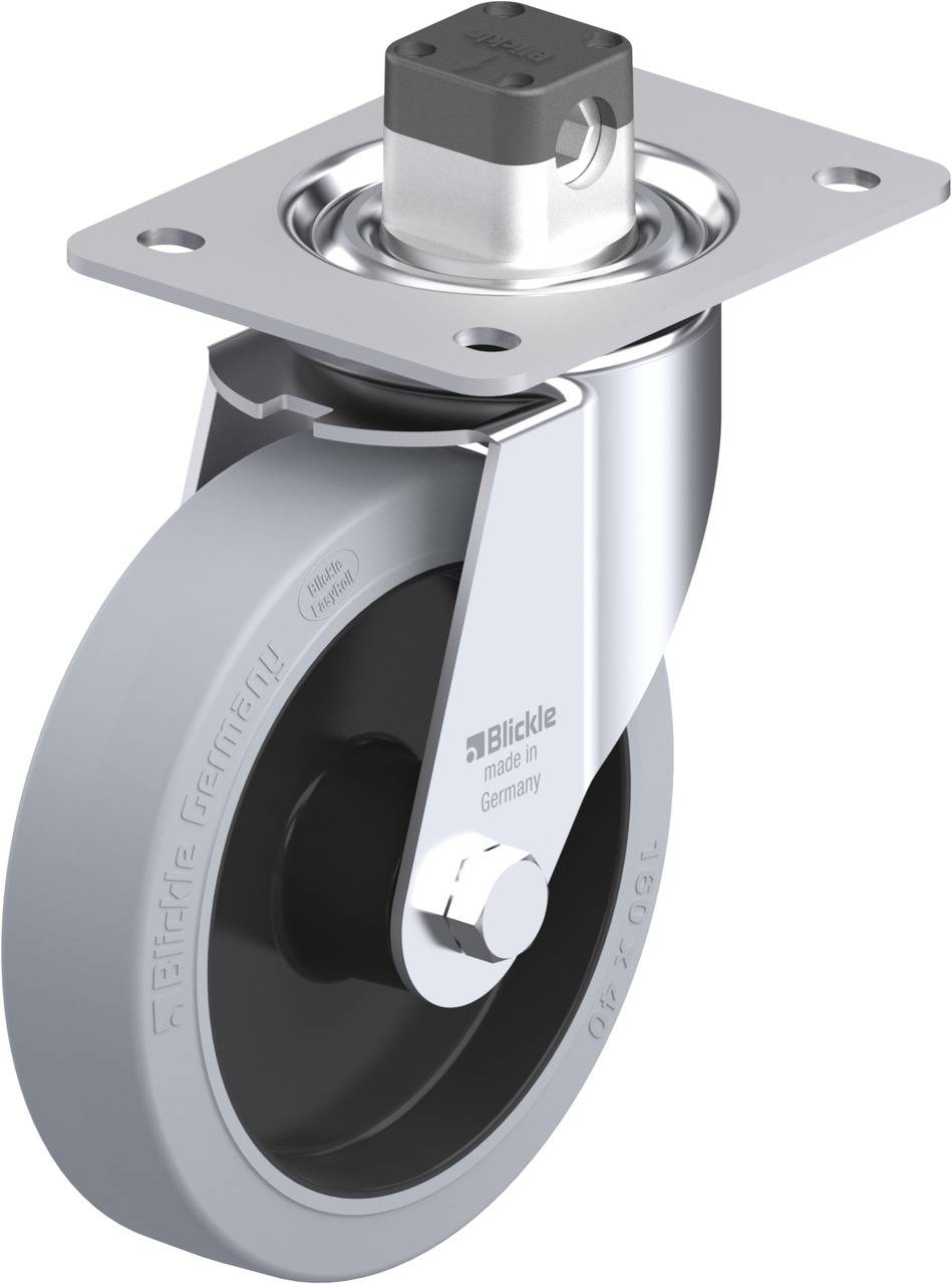 Industrie-Lenkrolle mit grauem Rad und Metallhalterung, geeignet für schwere Lasten, hergestellt von Blickle, 'made in Germany'.