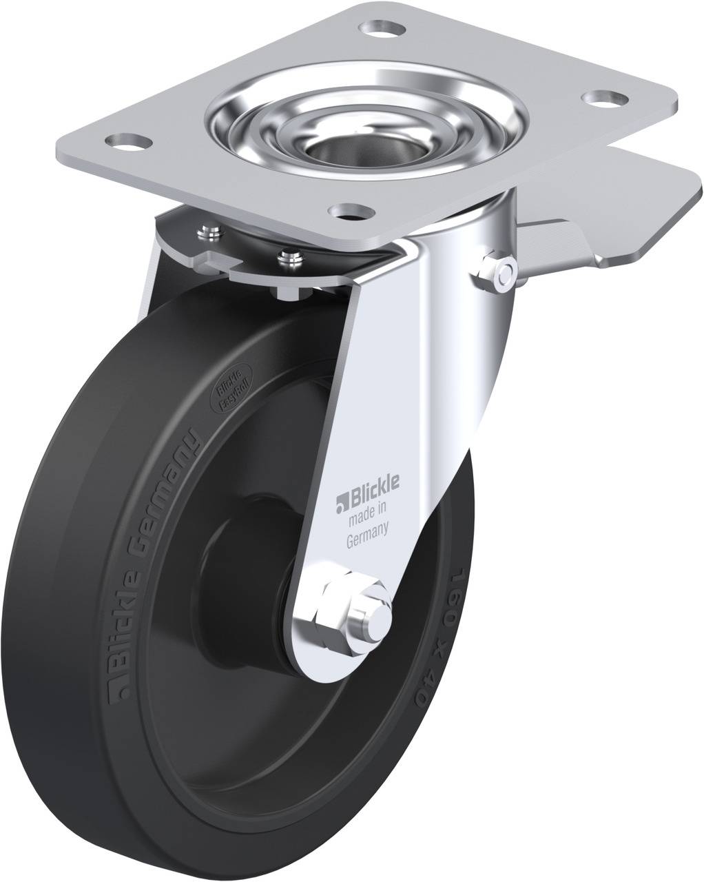 Schwenkrolle mit Metallhalterung und schwarzem, gummiertem Rad. Verwendet für leichte bis mittelschwere Transportlösungen.