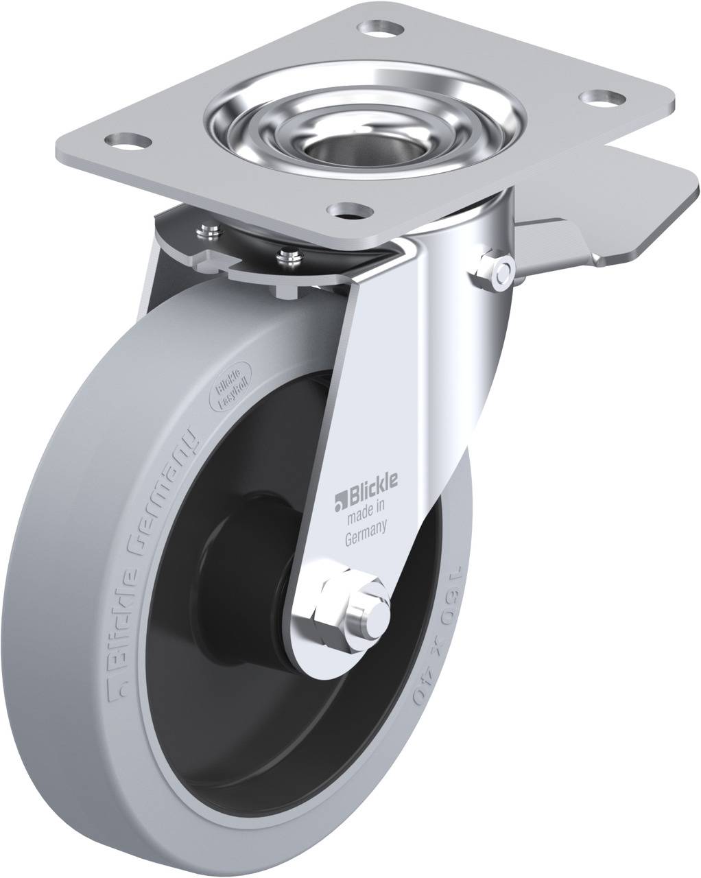 Graues drehbares Transportlenkrad mit Metallgehäuse und Montagesockel, geeignet für industrielle Anwendungen.