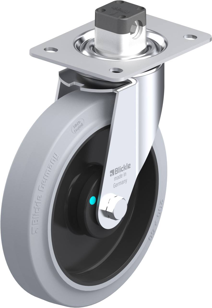Industrie-Rolle mit grauem Rad, silbernem Gehäuse und schwarzem Zylinder. Geprägt mit 'Blickle made in Germany'.