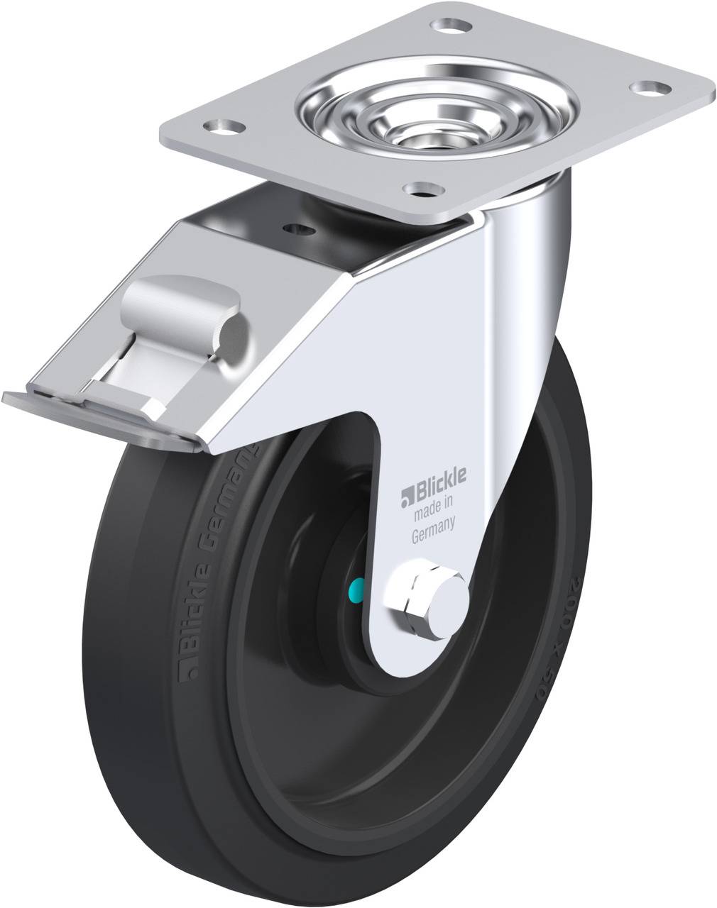 Schwenkrolle aus Metall mit schwarzem Rad, oben rechteckige Befestigungsplatte. Geeignet für Transportgeräte und Möbel.