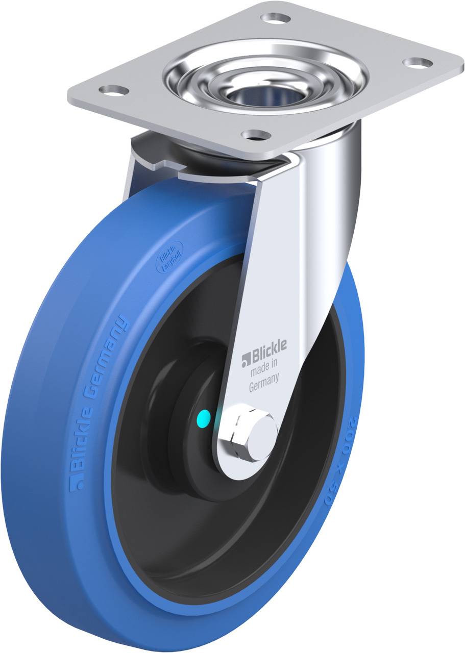 Ein blau-schwarzes Lenkrollenrad, geeignet für Möbel oder Maschinen, zeigt eine robuste Konstruktion aus Metall und Kunststoff.