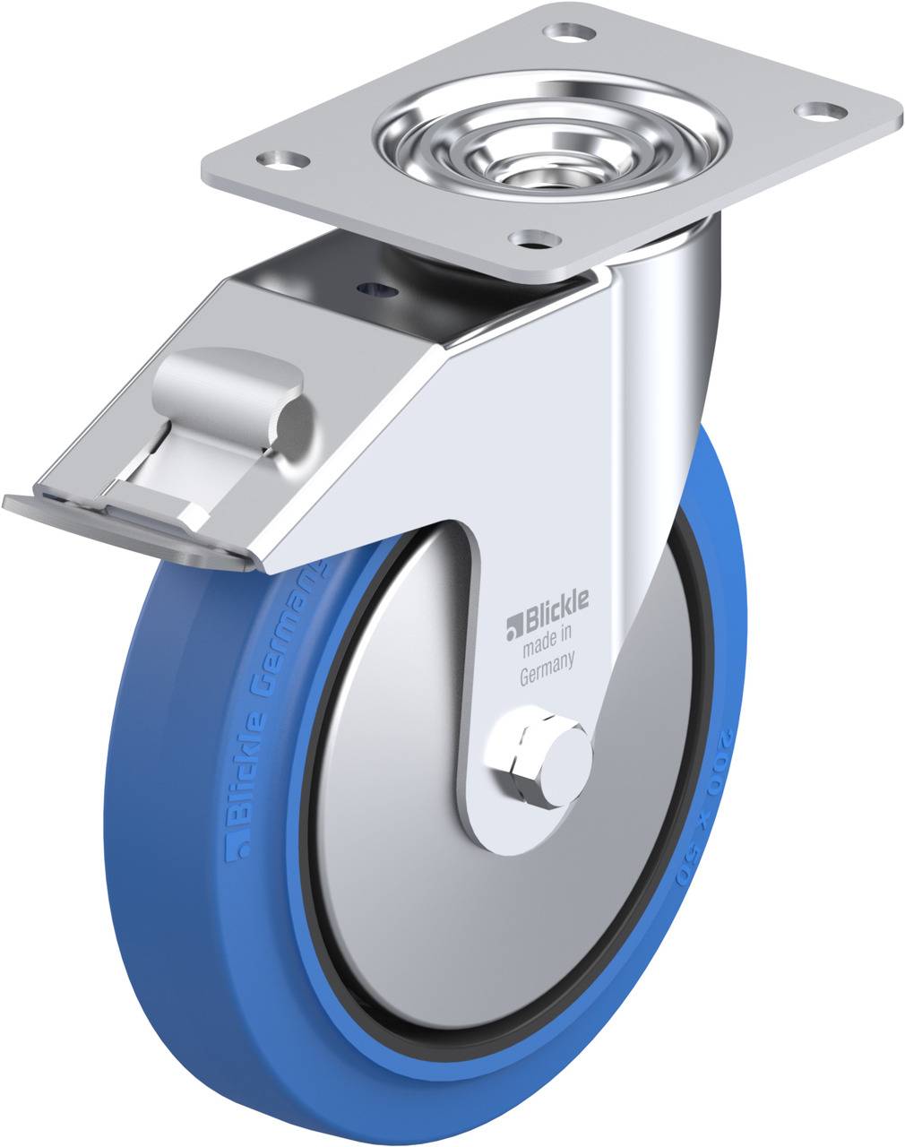 Schwenkrolle aus Metall mit blauer Gummibereifung, seitlicher Bremse und Montageplatte, geeignet für den industriellen Einsatz.