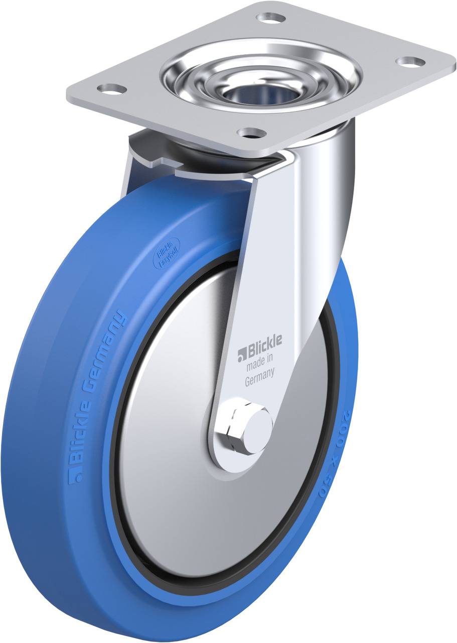 Industrie-Stahlrolle mit blauer Polyurethanbeschichtung und rechteckiger Stahlplatte zur Montage, geeignet für schwere Lasten.