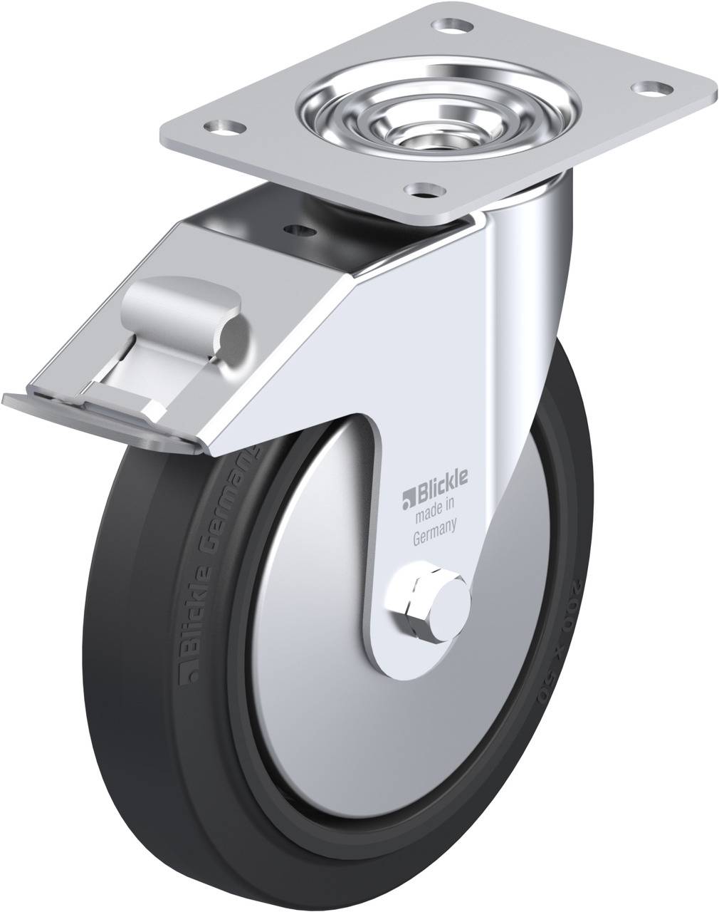 Industrie-Rollenrad mit Metallplatte und schwarzem Gummireifen.  Geeignet zur Befestigung an Maschinen oder Möbeln für mobilität.