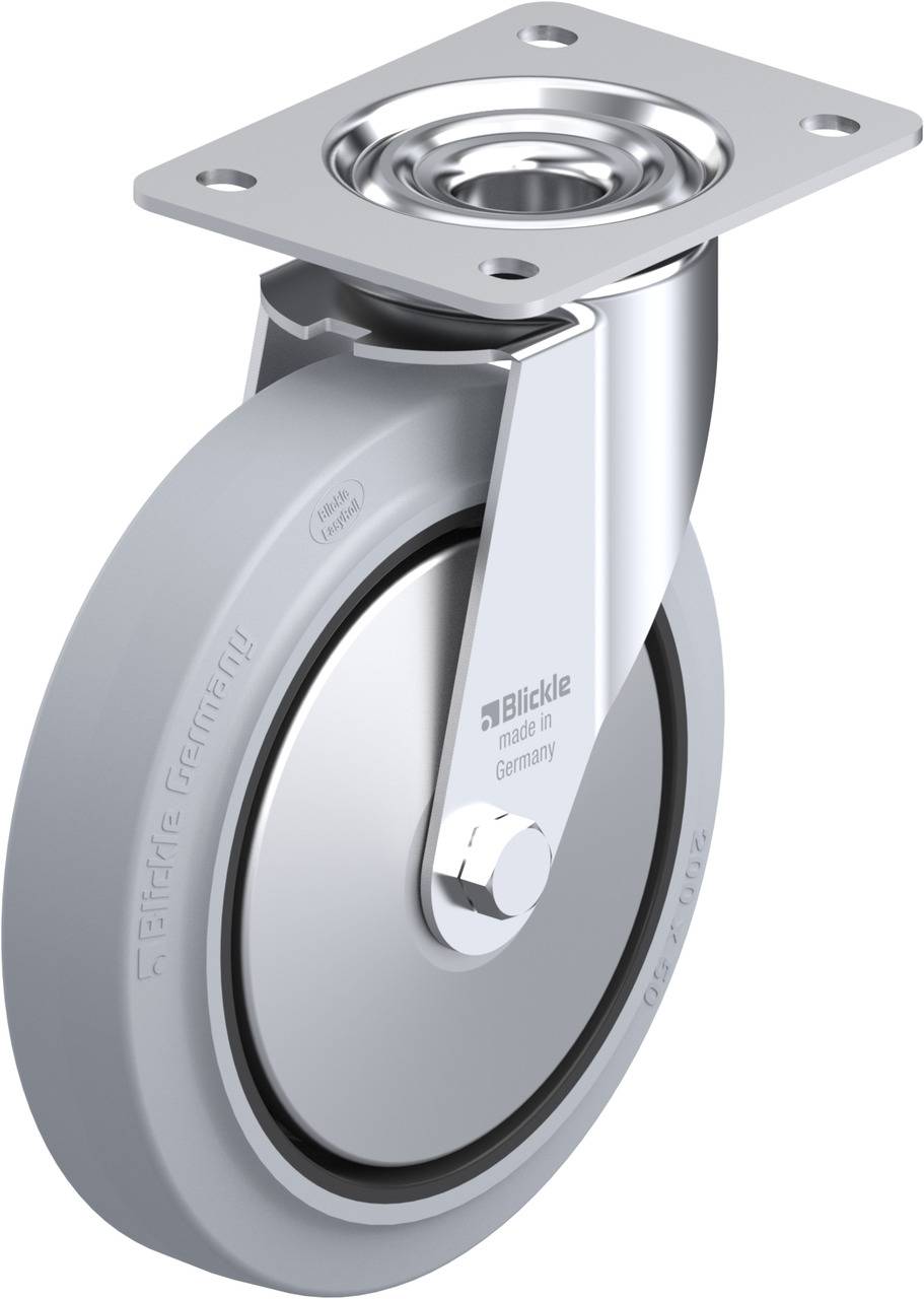 Grauer Bockrolle mit Platte und Kugellager, geeignet für verschiedene Transportgeräte. Unterstützt Stabilität und einfache Manövrierfähigkeit.