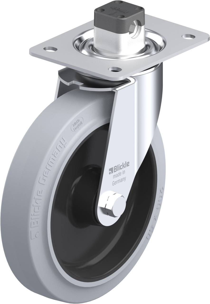 Ein einzelnes graues und schwarzes Laufrollenrad mit Metallbefestigung, geeignet für industrielle Anwendungen.