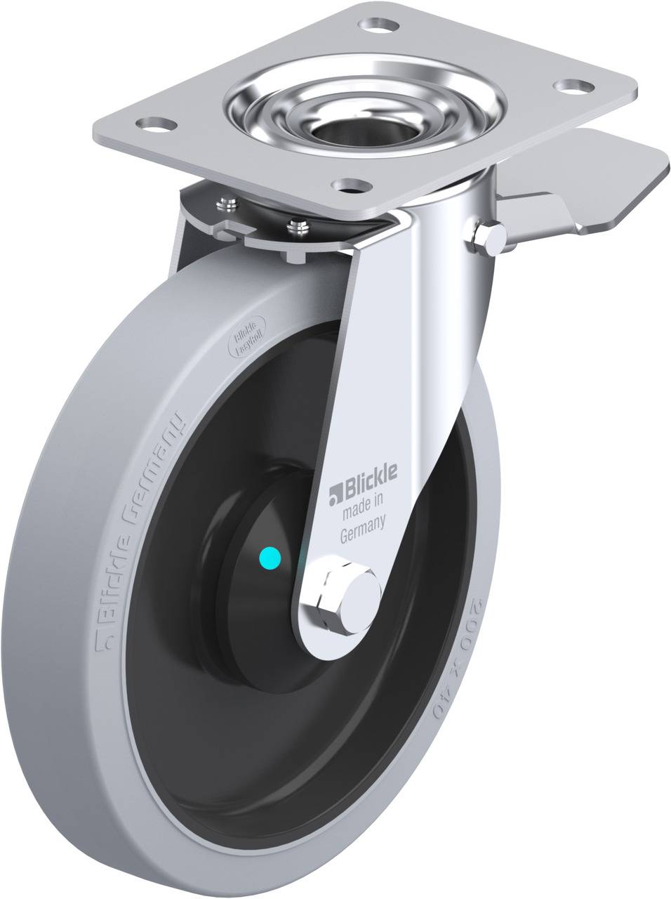 Industrie-Rolle mit grauem Rad, schwarzer Felge und silbernem Befestigungselement, gekennzeichnet mit 'Blickle made in Germany'.