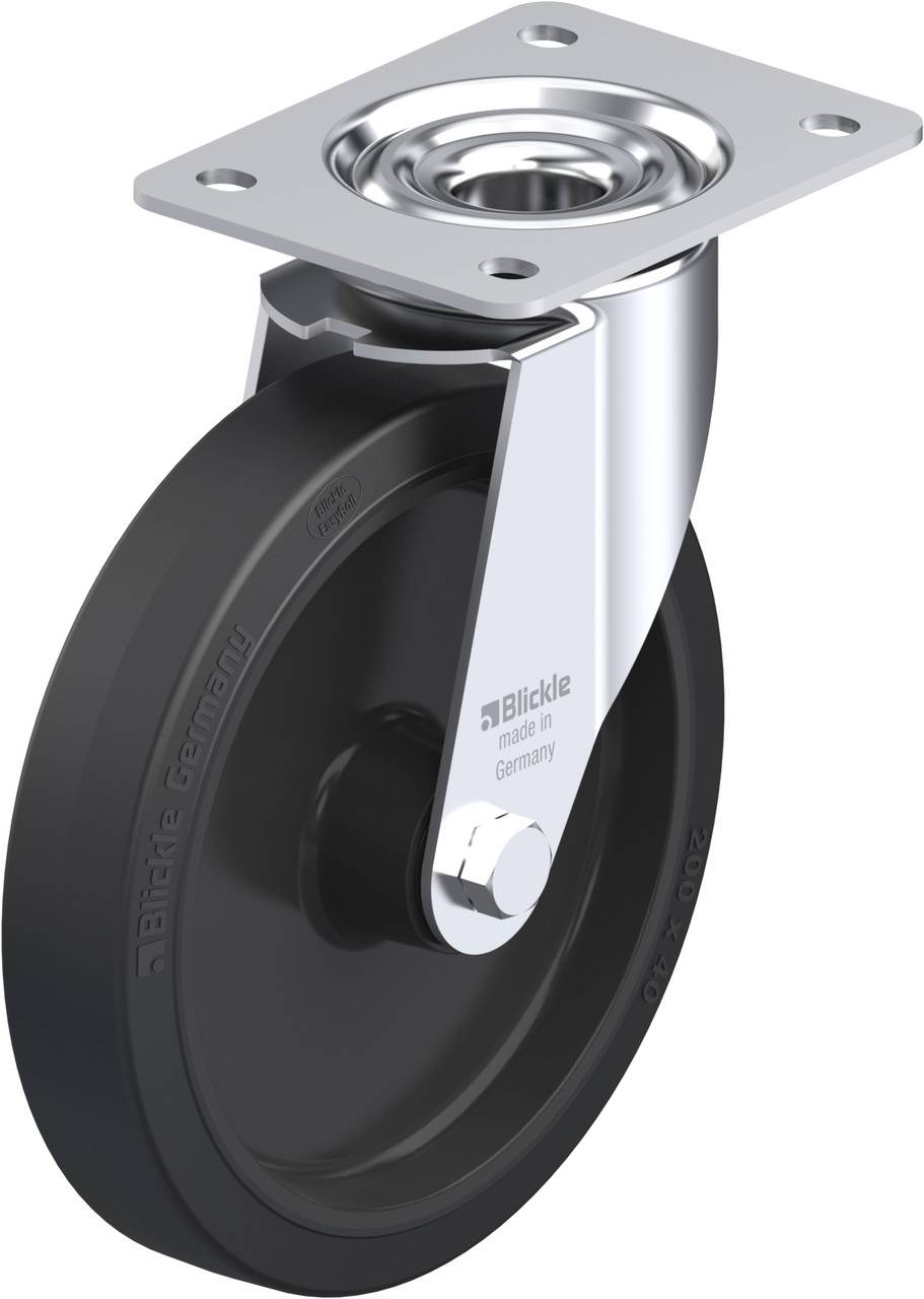 Schwenkrolle mit schwarzem Rad und silberner Befestigungsplatte, geeignet für die Montage an Möbeln oder Geräten zur Mobilität.