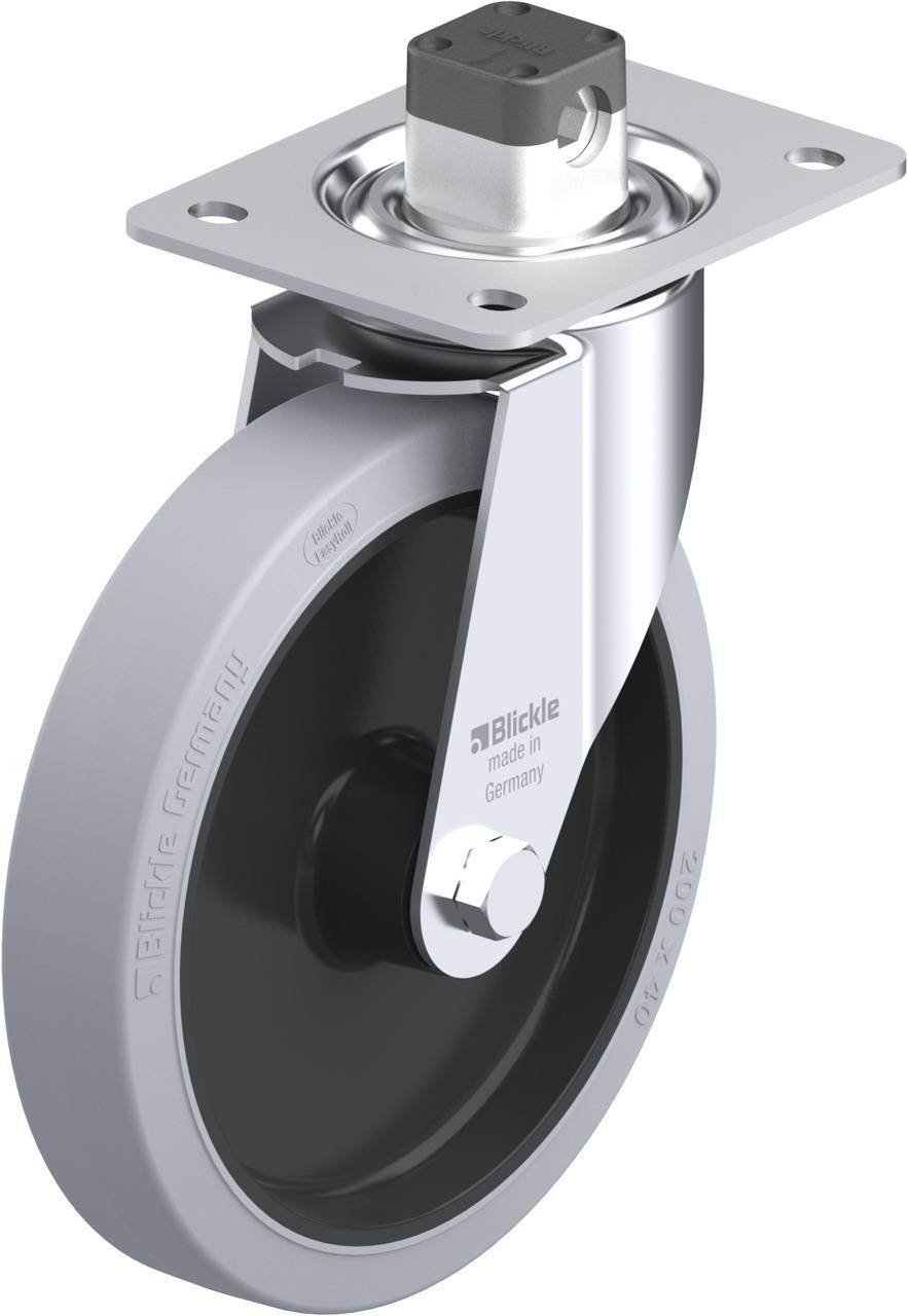 Schwenkrolle mit grauem Gehäuse und schwarzem Rad. Beschriftung 'Blickle made in Germany'. Gehäuse mit rechteckiger Montageplatte.