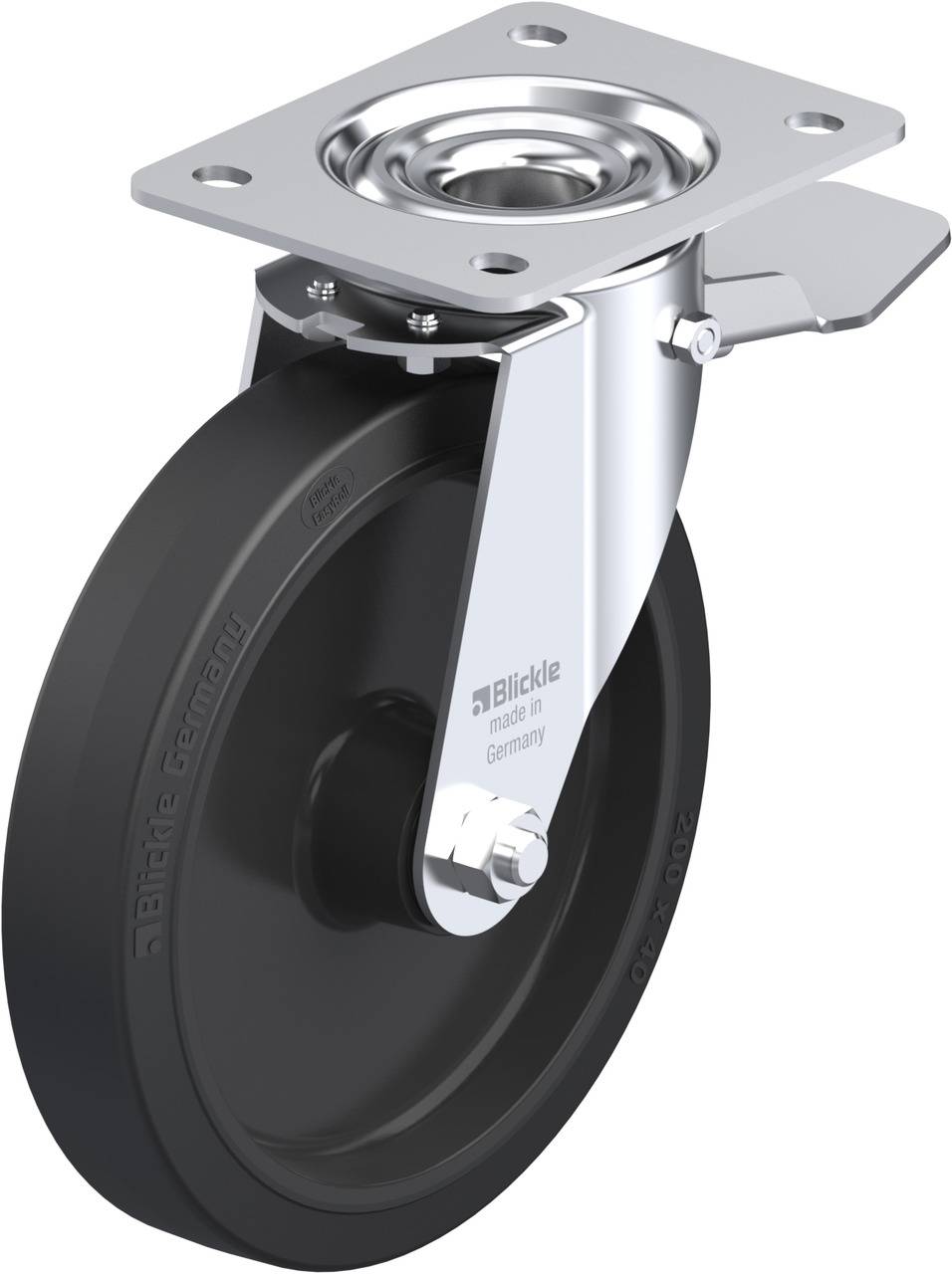 Drehbares Schwerlast-Rad mit Metallhalterung und schwarzem Gummirad, geeignet für industrielle Anwendungen.