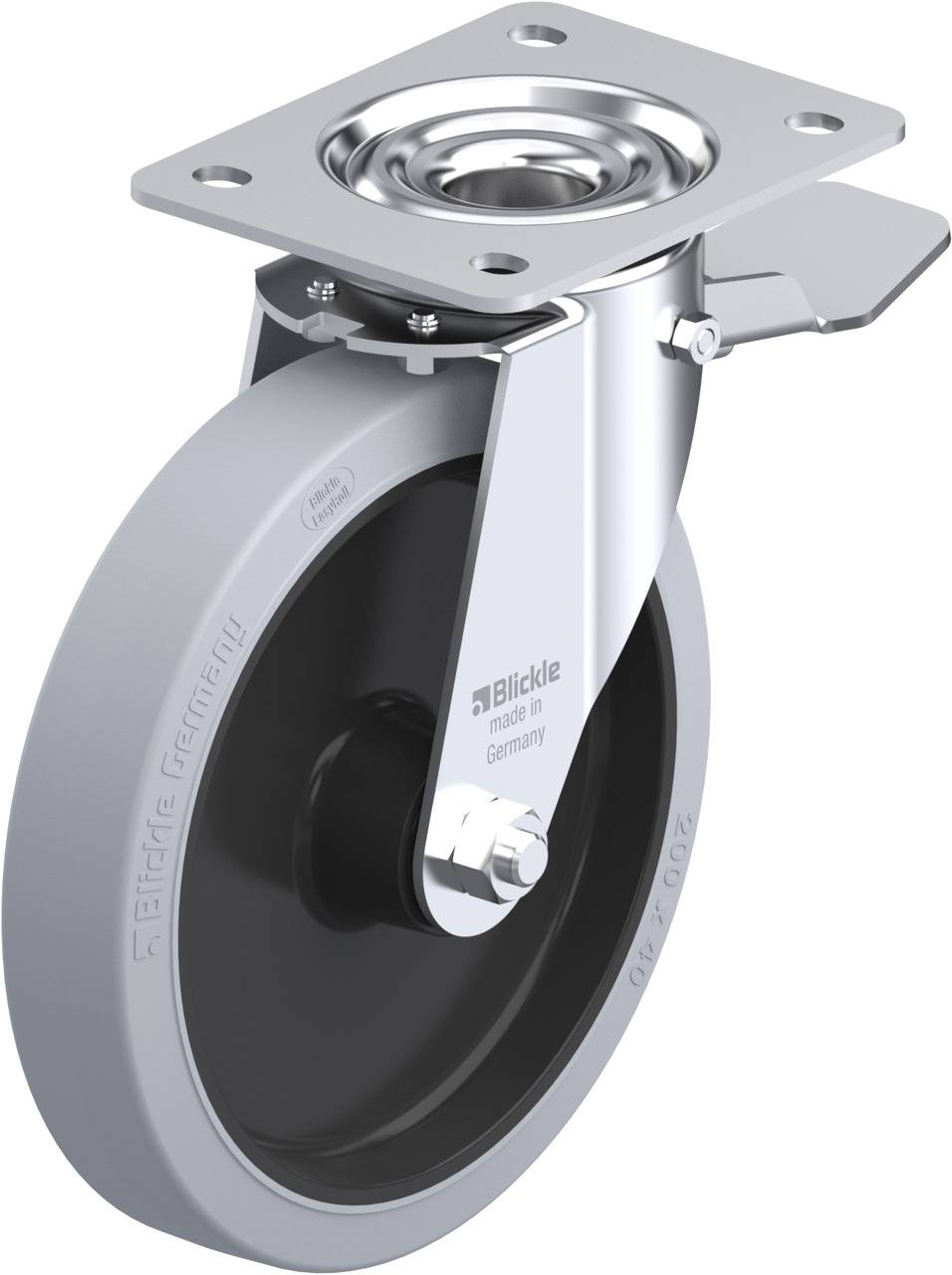 Ein graues Lenkrolle mit Metallbefestigung und Bremse, geeignet für Transportwagen und Industrieanwendungen.