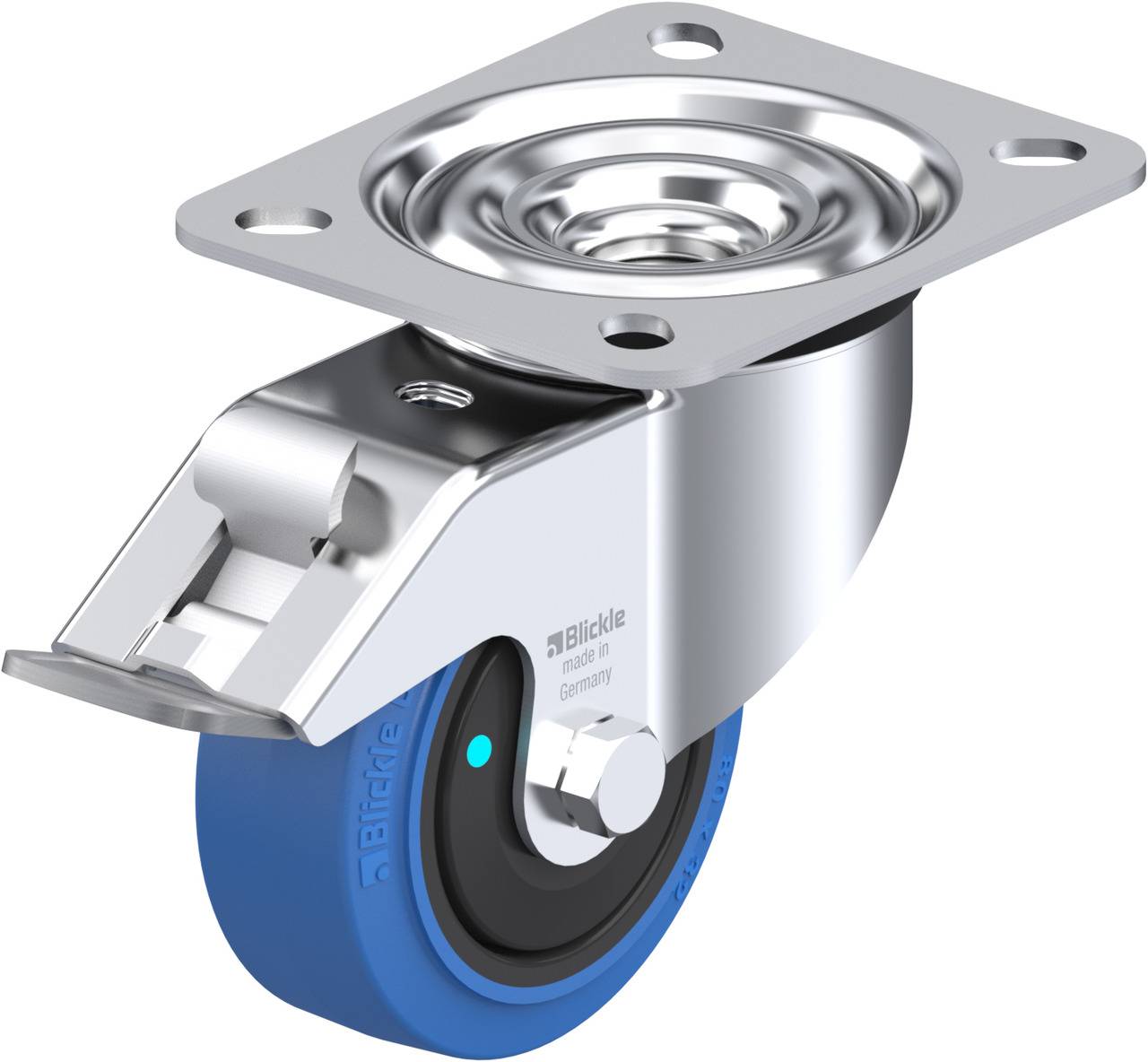 Metallrolle mit blauer Gummibereifung und Befestigungsplatte; geeignet für schwere Lasten.