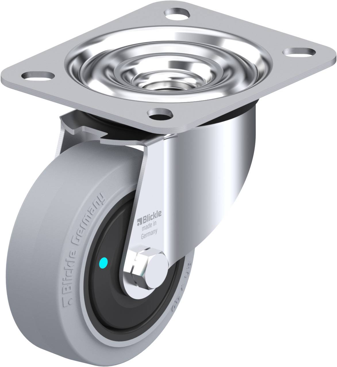 Ein graues Rad mit metallischer Halterung, typischerweise für Möbel oder Transportgeräte. Oberseite flach mit vier Montagelöchern.