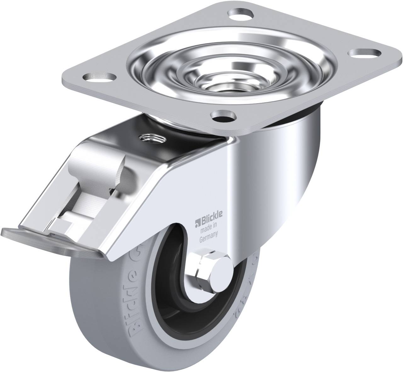 Metallrolle mit grauem Rad und Feststeller, zum Befestigen an Möbeln oder Geräten, vermittelt Robustheit und Beweglichkeit.