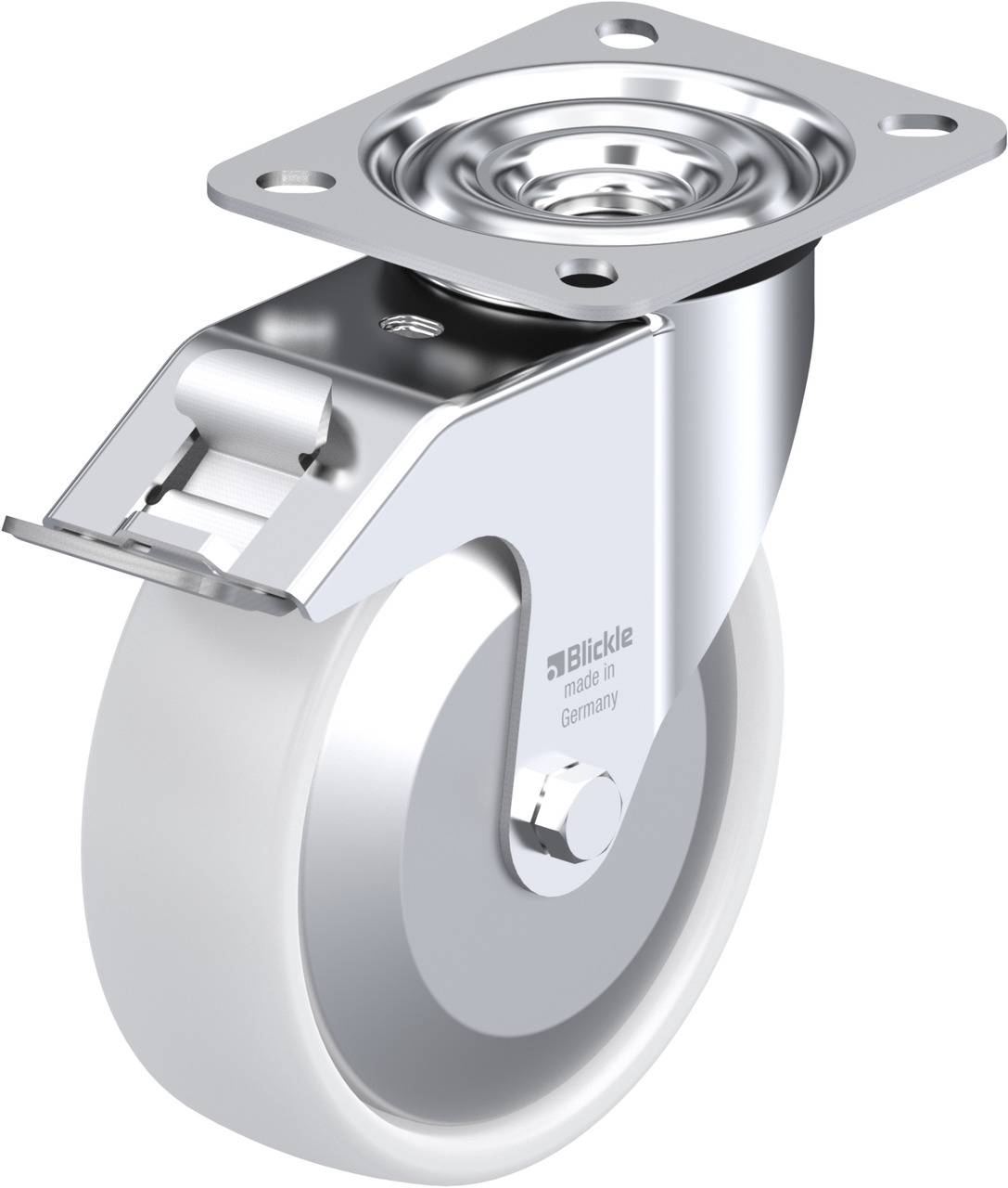 Lenkrolle aus Metall mit grauem Rad und Befestigungsplatte. Geeignet für Möbel oder Geräte zur leichten Bewegung und Mobilität.