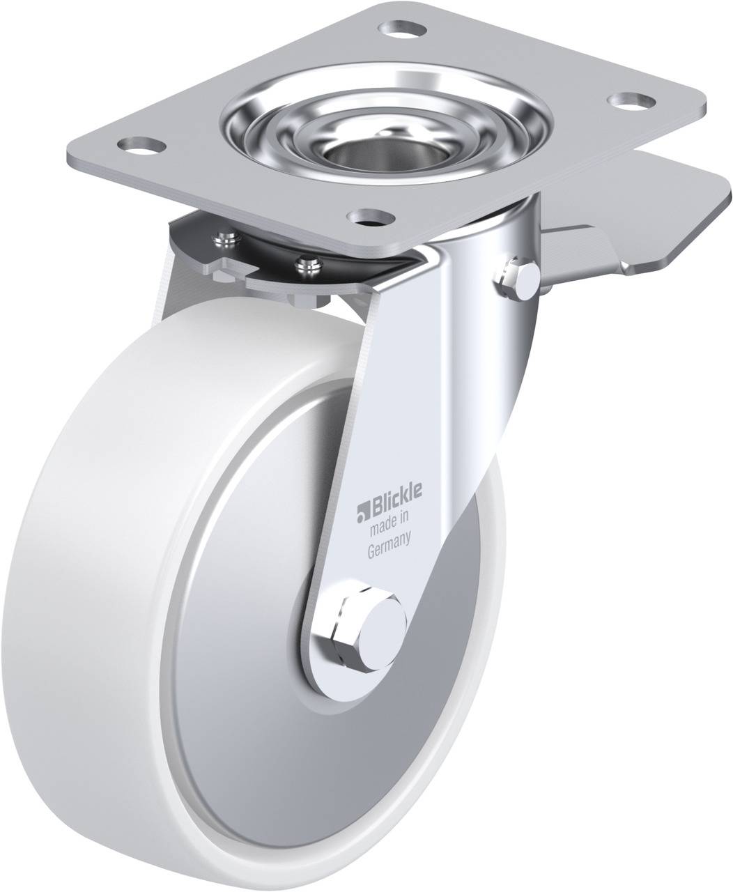 Metallrolle mit weißem Rad und Befestigungsplatte, ideal zur Montage an Möbeln oder Geräten für Mobilität.