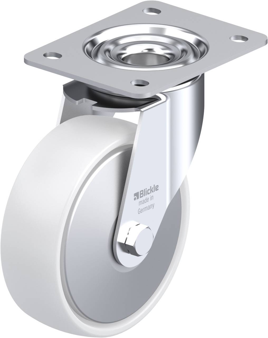 Metallisches Lenkrolle mit einer weißen Kunststofflauffläche und einer Befestigungsplatte. Geeignet für leichte bis mittelschwere Anwendungen.