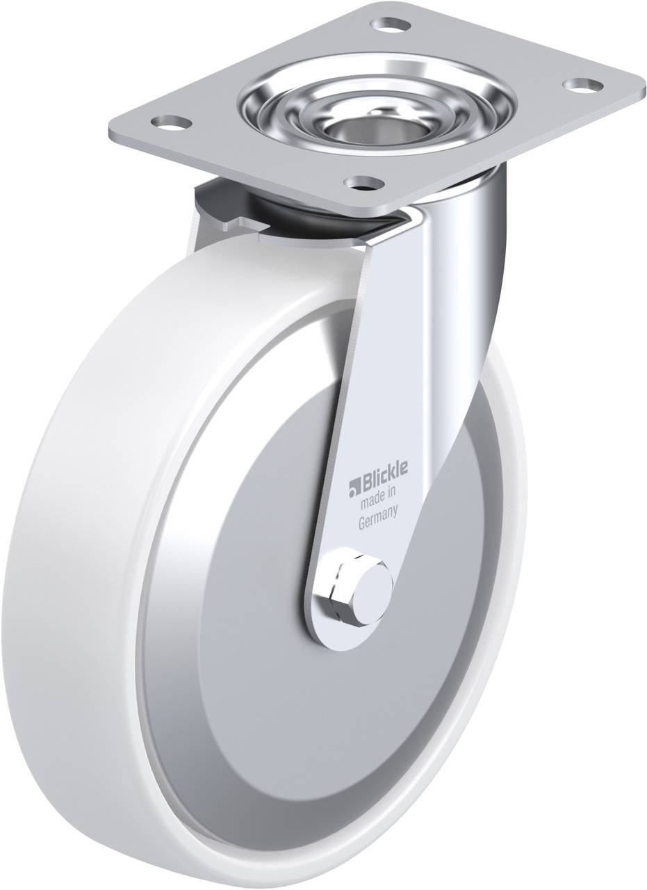 Metallrolle mit grauem Rad und Befestigungsplatte, geeignet für den Einsatz an Möbeln oder Transportgeräten.