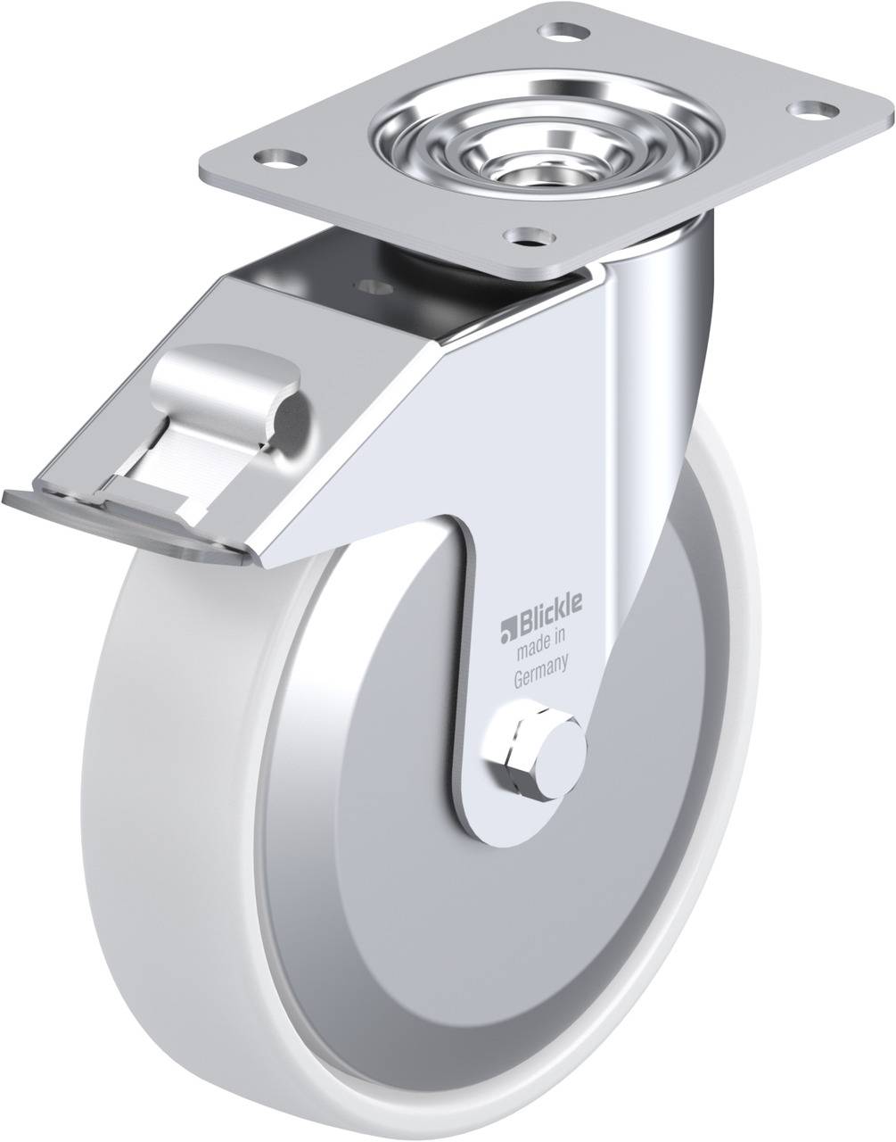 Metallenes Lenkrollenrad mit Befestigungsplatte und Bremse, geeignet für industrielle Anwendungen. Dezente Gravur 'Blickle made in Germany' sichtbar.
