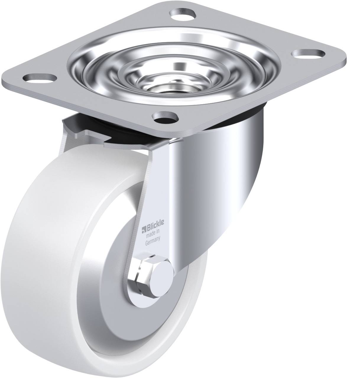 Metallisches Lenkrollengehäuse mit weißem Rad, geeignet für Möbel oder Transportgeräte. Eigenmarke auf der Seite sichtbar.