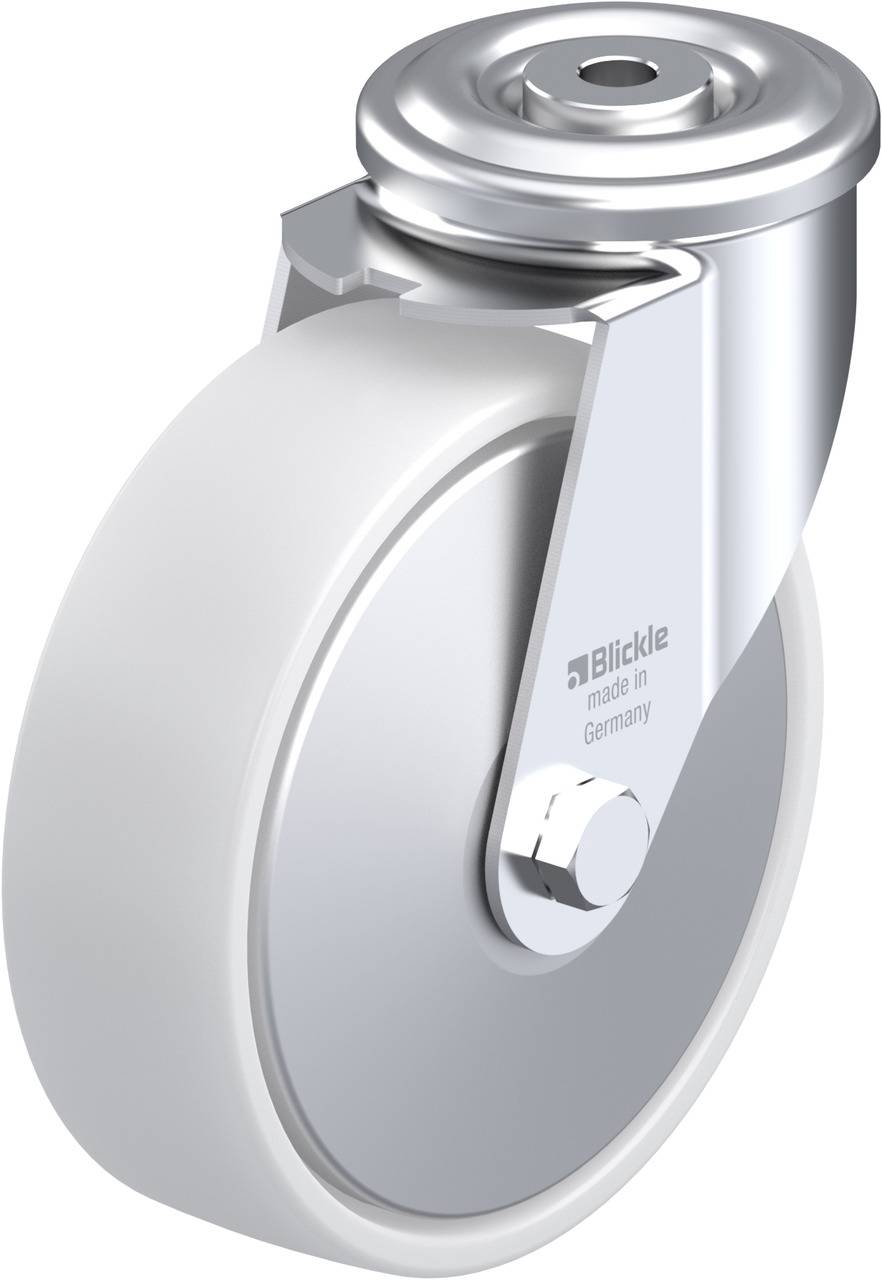 Industrie-Lenkrolle aus Metall und grauem Gummi, geeignet für schwere Lasten mit Aufschrift 'Blickle, made in Germany'.