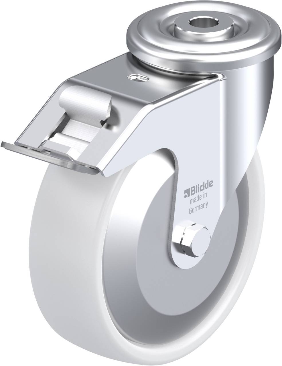 Runde, silberne Lenkrolle mit weißem Rad, hergestellt in Deutschland, geeignet für Möbel oder industrielle Zwecke.
