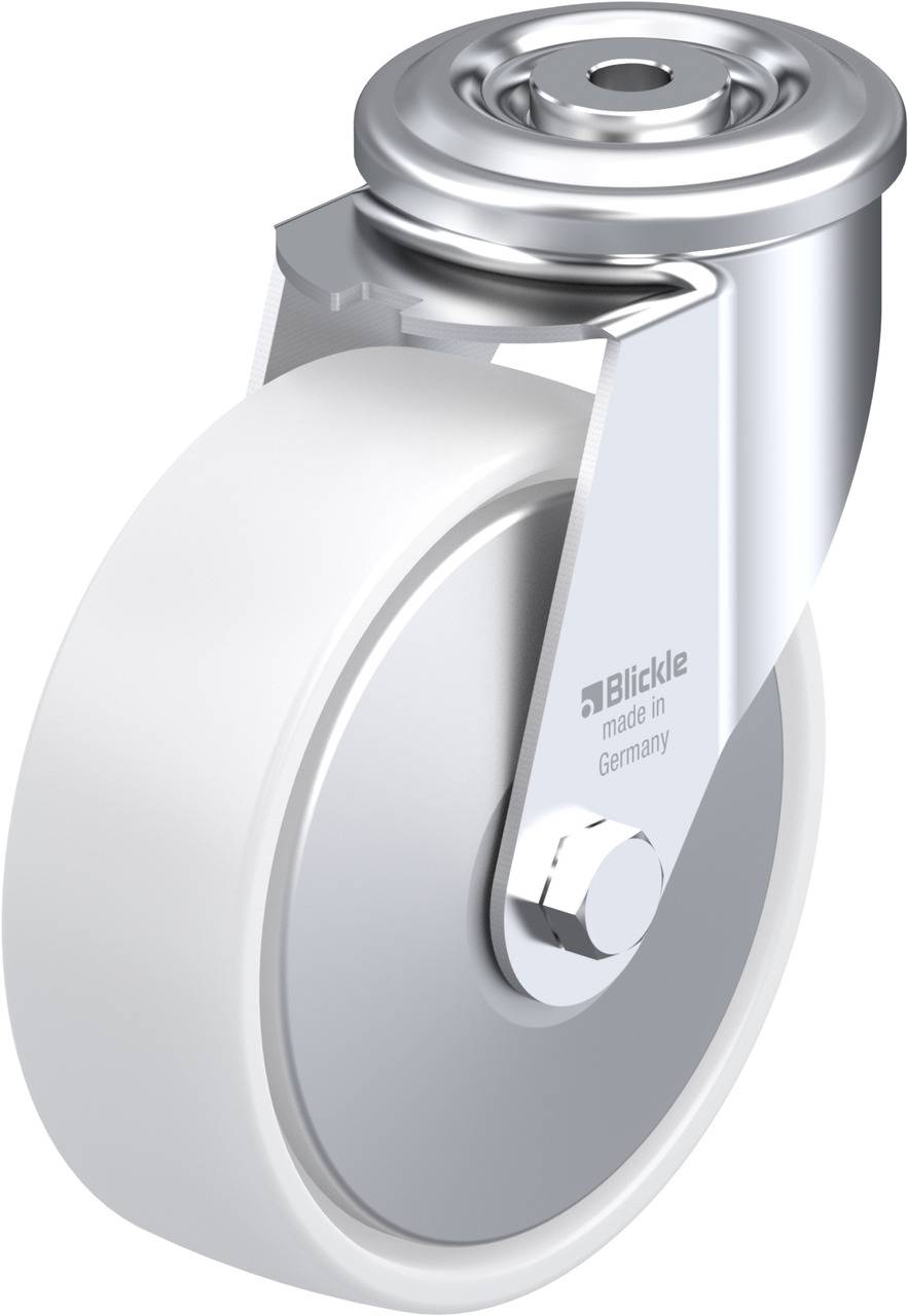 Weißes Laufrollenrad mit silberner Halterung, geeignet für verschiedene Anwendungen, bietet robuste und flexible Bewegungslösung.