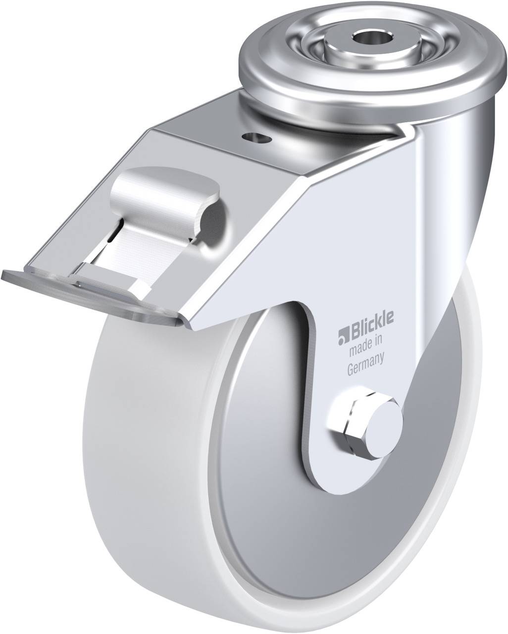 Industrie-Schwenkrolle aus Metall und Kunststoff, seitlich montiert, mit Beschriftung 'Blickle made in Germany'.