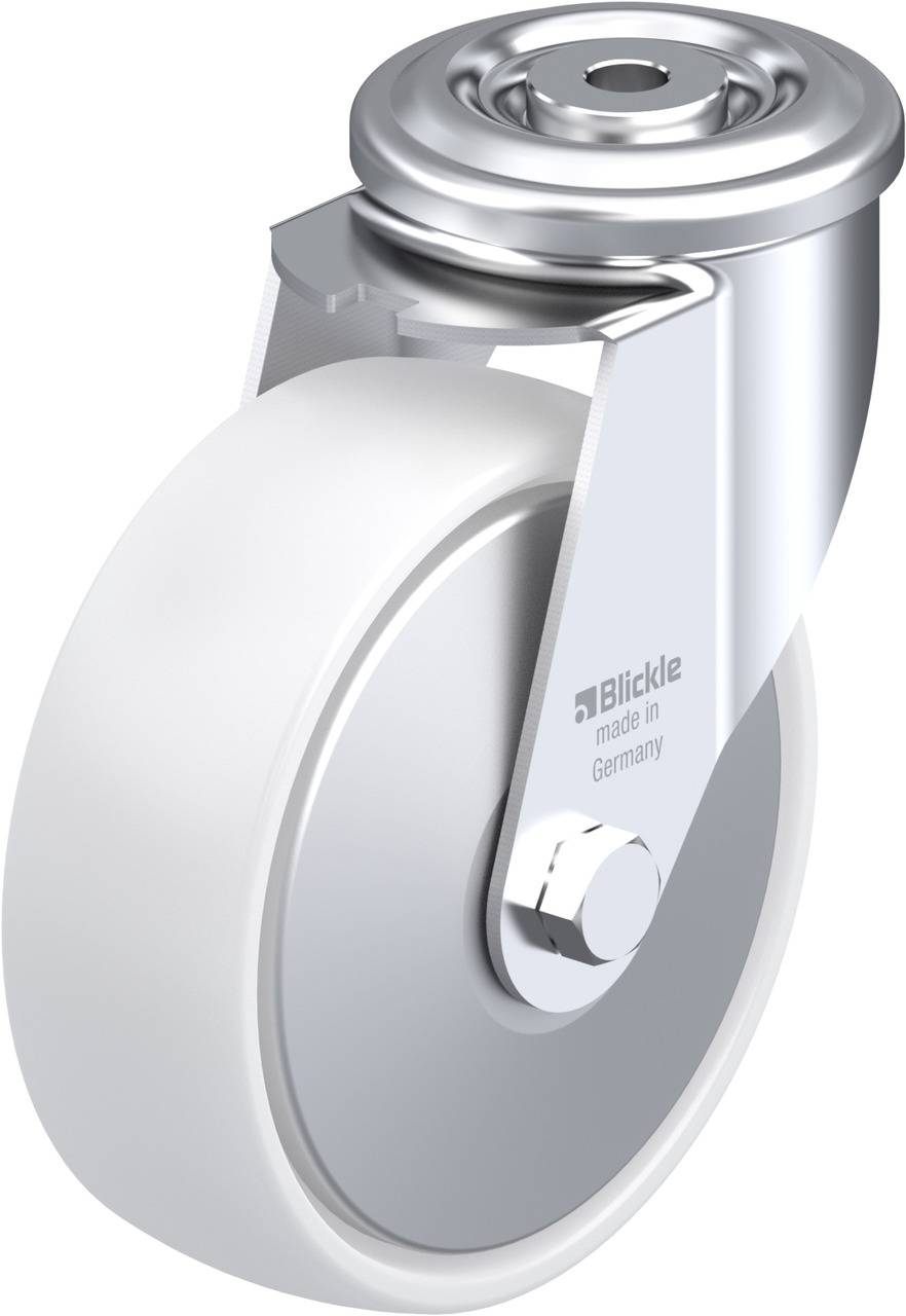 Schwenkrolle mit weißem Rad und silbernem Halter, auf der Seite steht 'Blickle made in Germany'.