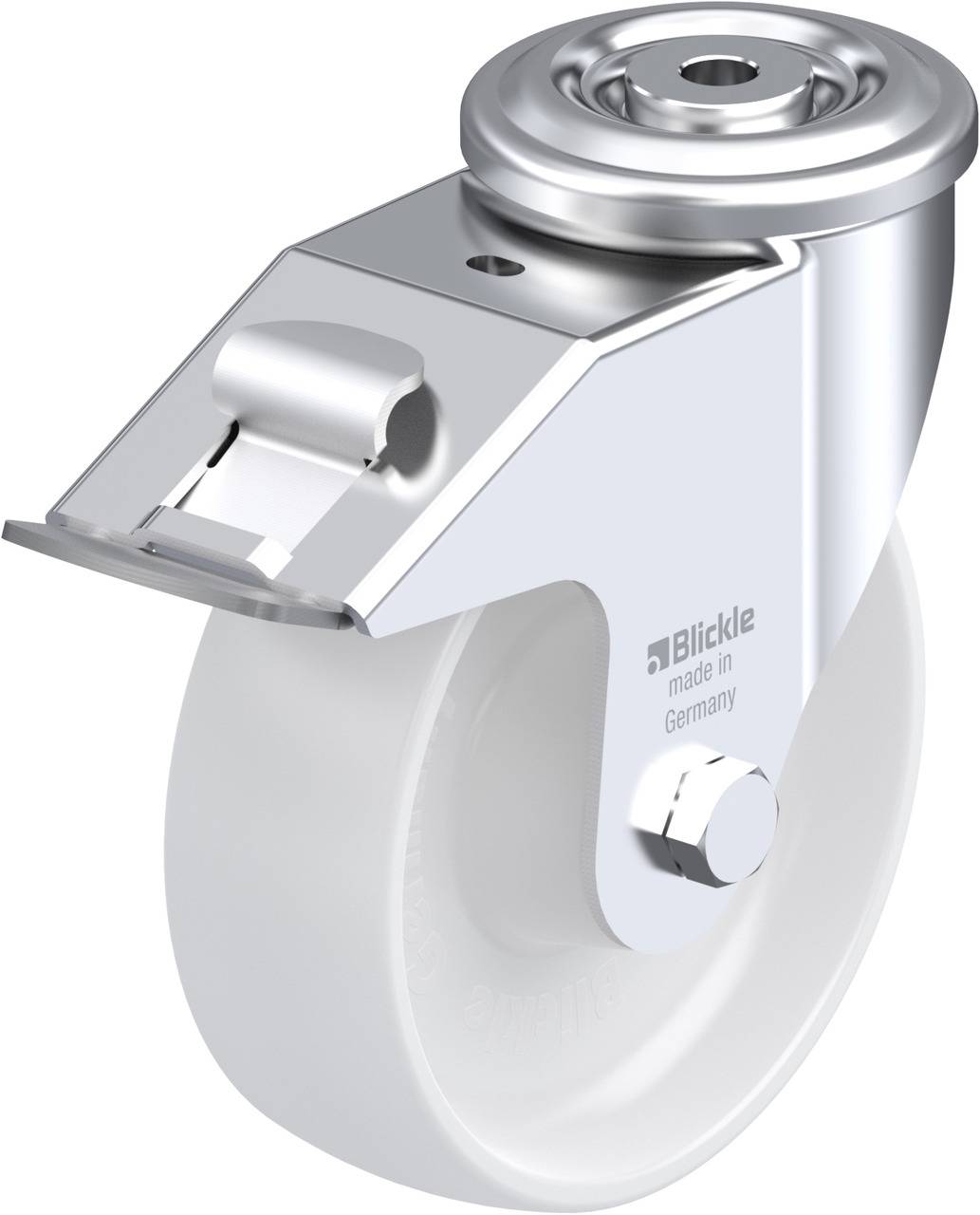 Schwenkrolle mit weißem Rad und glänzendem Metallgehäuse, geeignet für den Einsatz an Möbeln oder Geräten.