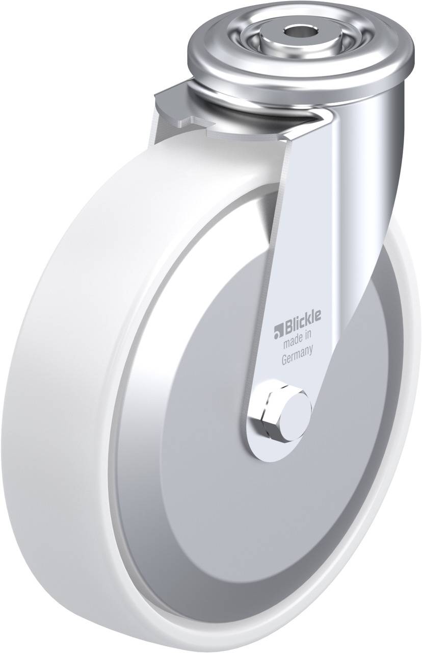 Schwenkrolle aus Metall mit grauem Gummirad, geeignet für Möbel oder Transportgeräte, hergestellt in Deutschland von Blickle.