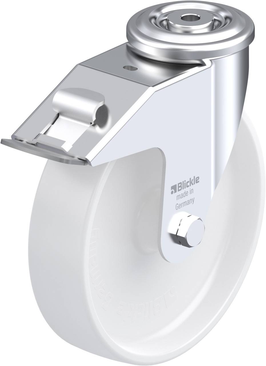 Ein einzelnes, kugelgelagertes Lenkrolle aus Metall und weißem Plastik, hergestellt in Deutschland. Verwendet für Mobilitätssysteme.
