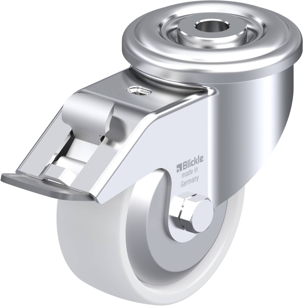 Schwenkrolle aus Metall mit feststellbarem Gehäuse und Kunststoffrad. Markierung 'Blickle made in Germany' sichtbar.