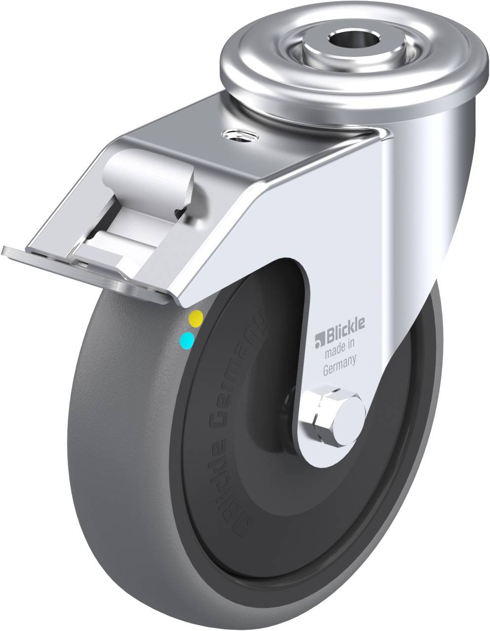 Industrie-Schwenkrolle mit grauem Rad und silbernem Gehäuse, hergestellt in Deutschland, geeignet für flexible Beweglichkeit.