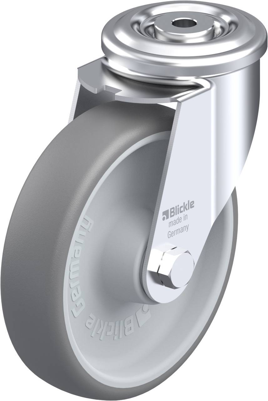 Industrie-Rollenrad aus Gummi mit Metallhalterung; Beschriftung 'Blickle made in Germany' auf der Radfläche.