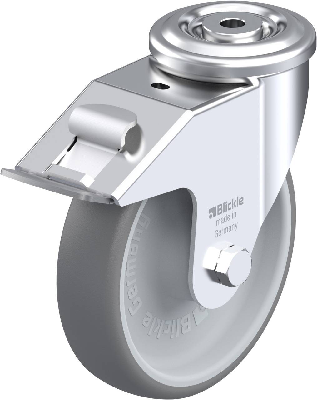 Schwenkrolle aus Metall mit grauem Rad, Aufschrift 'Blickle made in Germany' sichtbar. Geeignet für Möbel oder Industrieanwendung.