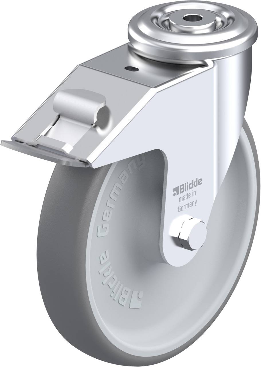 Metallisches Lenkrollenrad mit Bremse. Aufdruck 'Blickle made in Germany'.