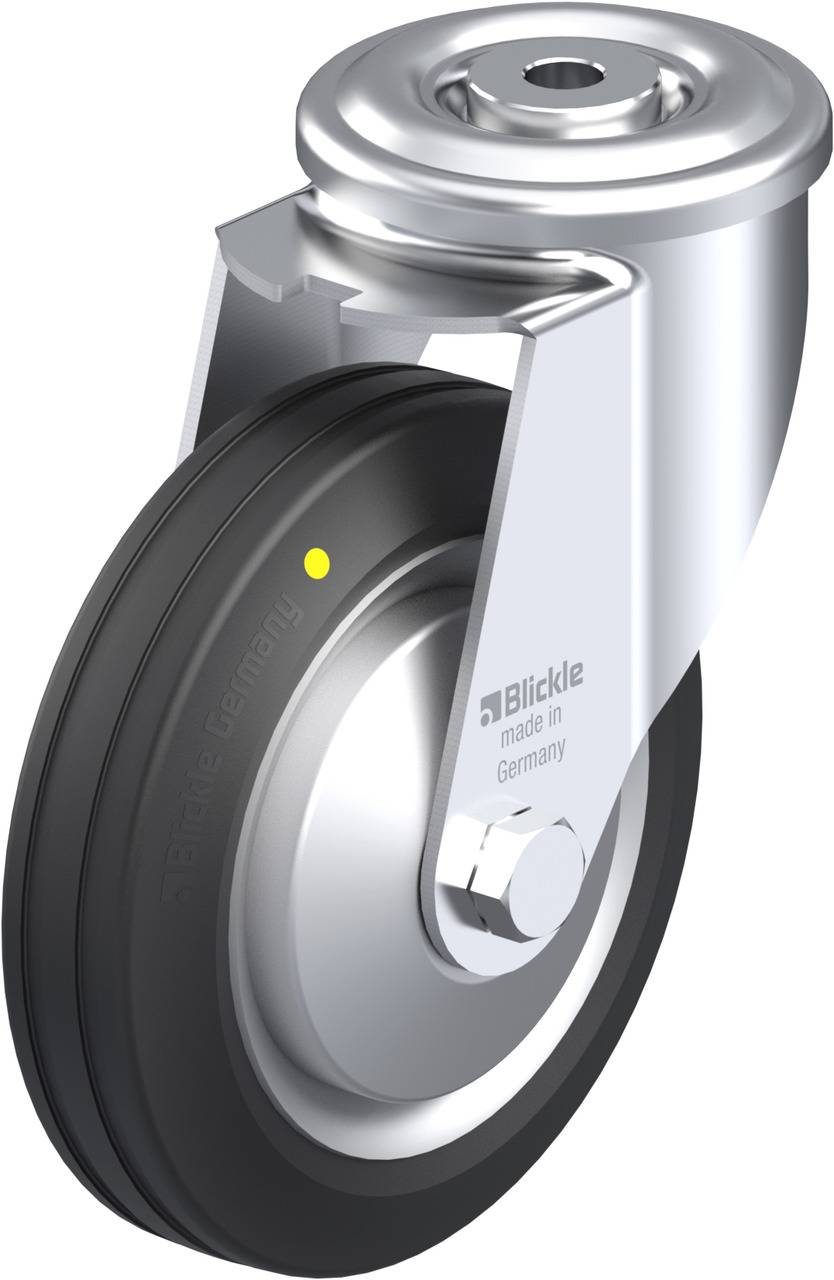 Drehbare Rolle mit Metallgehäuse, schwarzem Gummi und einem gelben Punkt. Aufdruck 'Blickle made in Germany' auf dem Gehäuse.